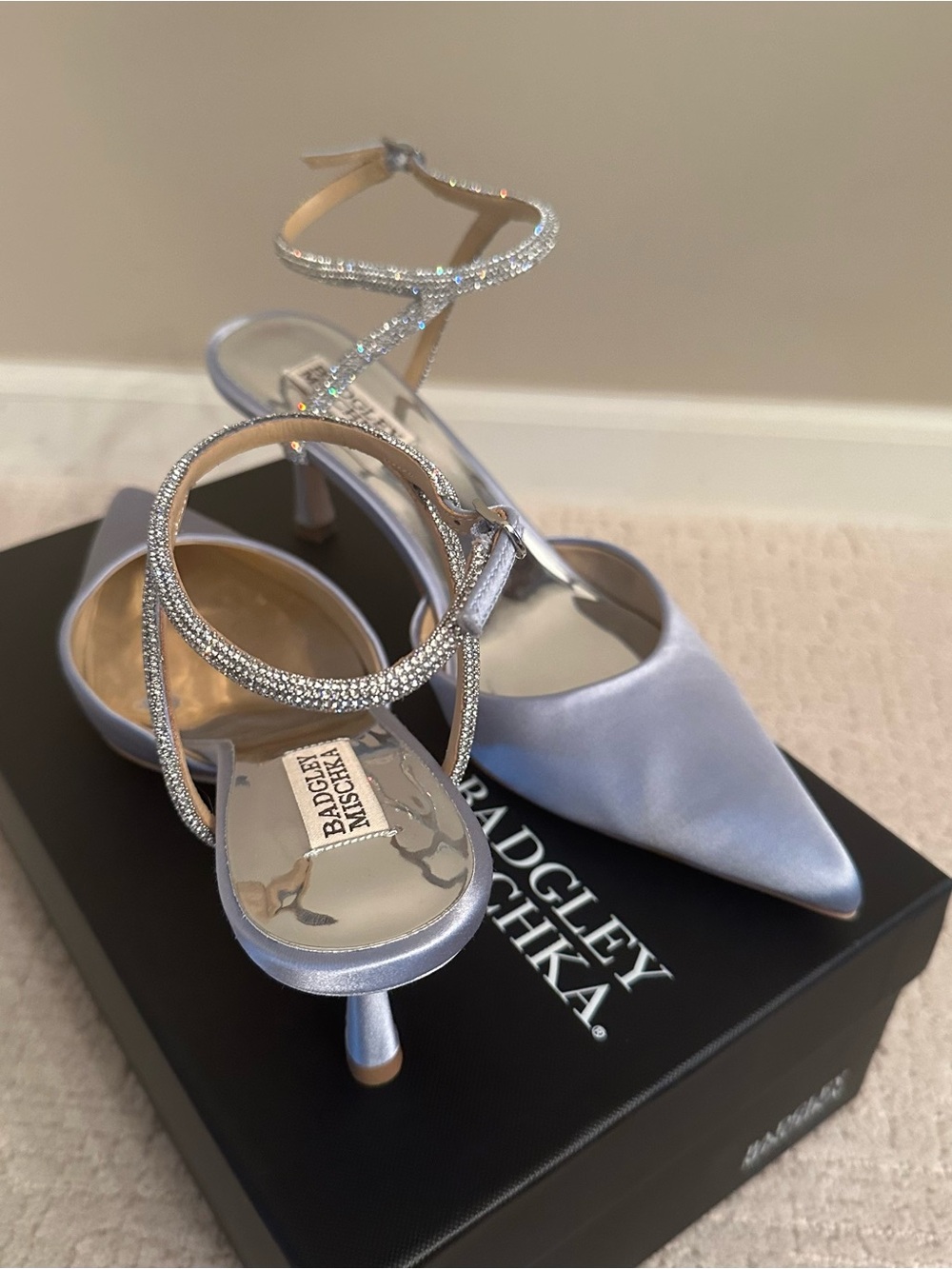 Badgley Mischka Silver Satin Pointed Toe Crystal Strappy Heels
